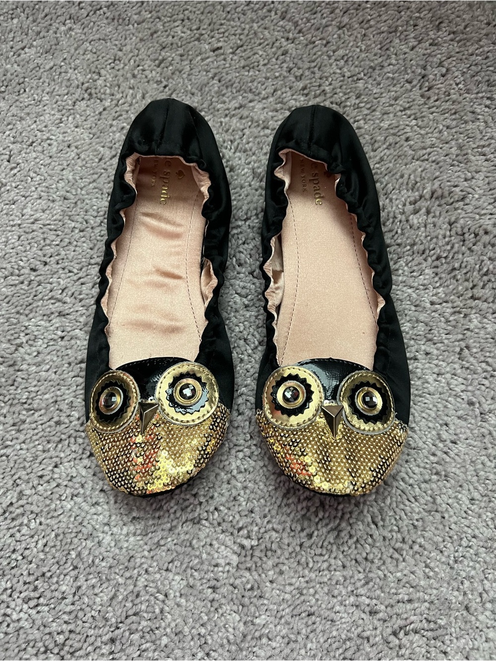 EUC Kate Spade Black Ballet Flats / Slippers with Gold Sequin Owl 6
